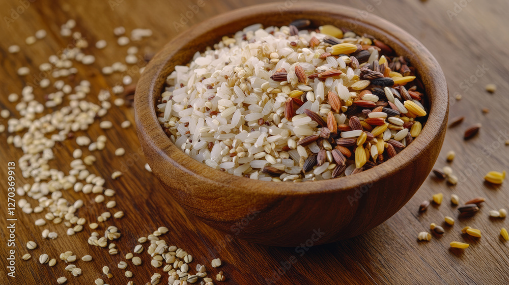 Artistic shot of wooden bowl filled with various types of rice and grains, showcasing their textures and colors. This evokes sense of natural beauty and culinary diversity Artistic shot of wooden bowl filled with various types of rice and grains, showcasing their textures and colors. This evokes sense of natural beauty and culinary diversity
