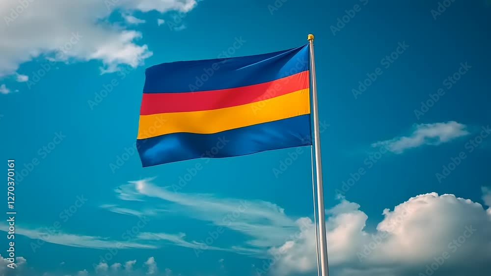 A flag waving against a bright blue sky with clouds. A flag waving against a bright blue sky with clouds.