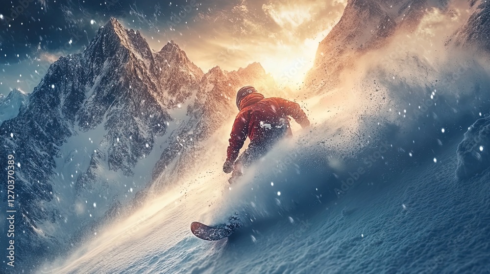 Naklejka premium Dynamic image of a snowboarder carving through fresh powder in the mountains