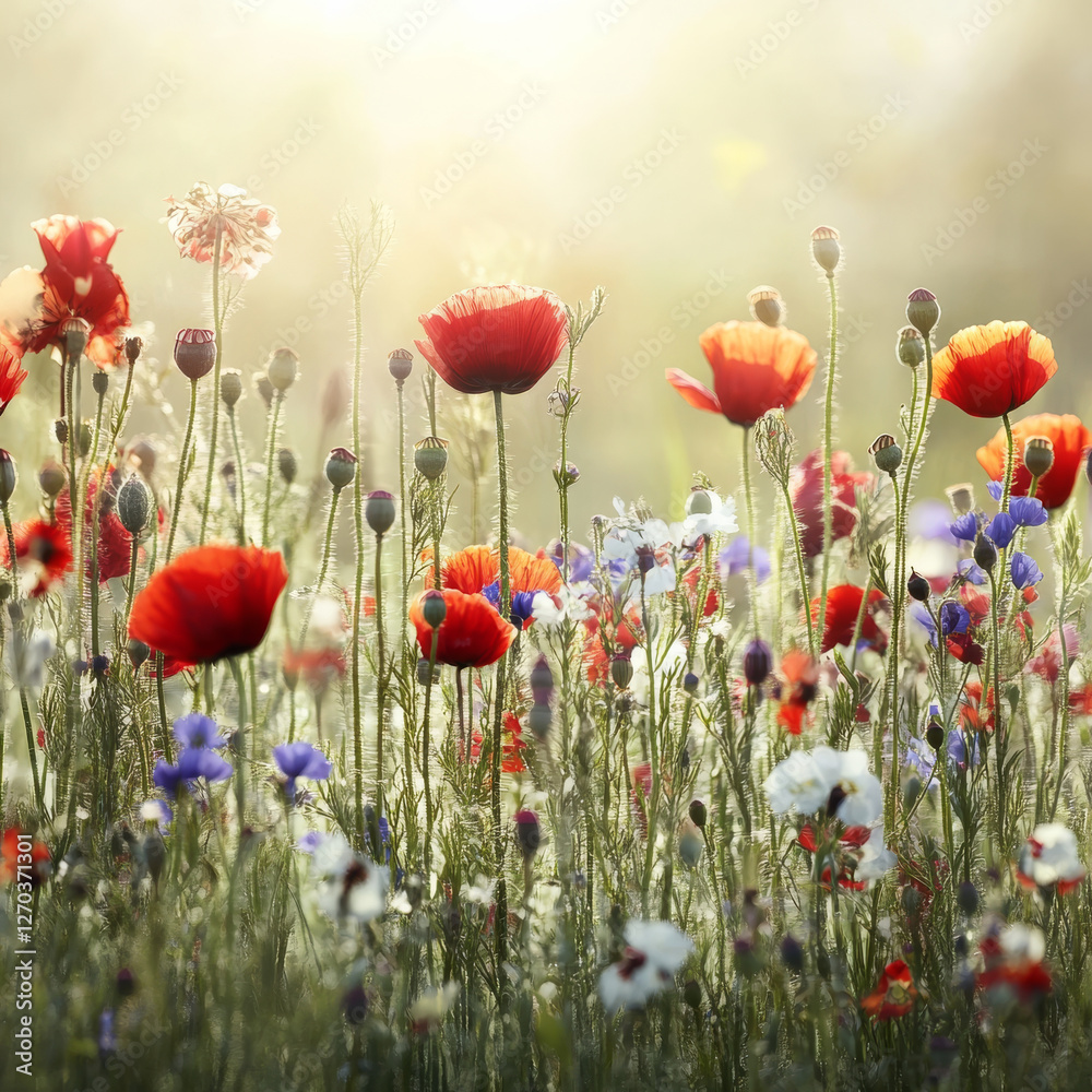 Obraz premium Wildflowers in sunlit meadow create serene scene