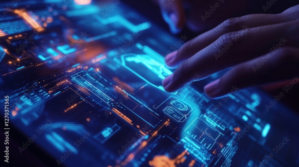 Fototapeta premium Futuristic Digital Interface: Close-up of Hands Interacting with Glowing Blue and Orange Tablet Screen