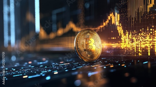 A close-up view of a bitcoin on a digital background illustrating cryptocurrency trends and data analysis, symbolizing the future of finance. photo