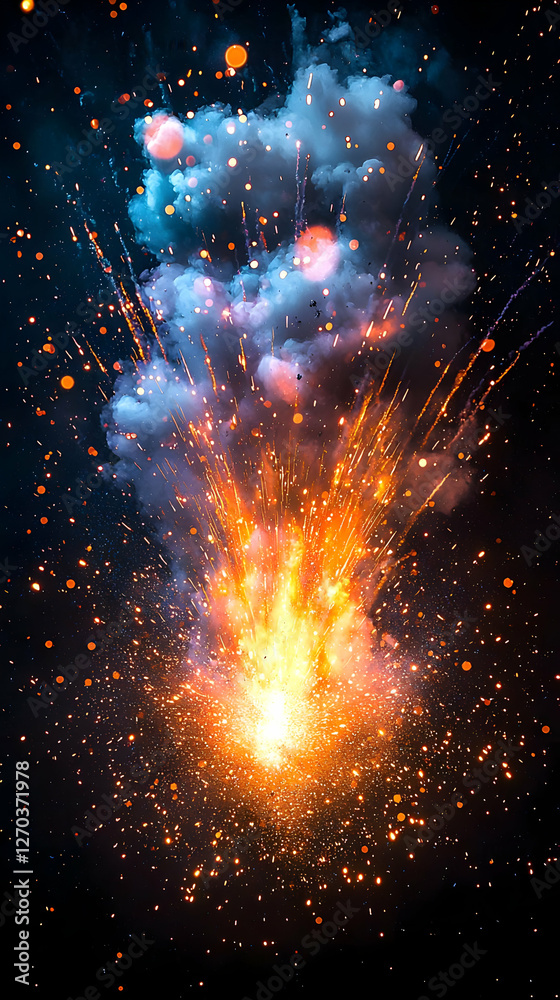 Fiery Explosion: Sparks Ignite Night Sky Fiery Explosion: Sparks Ignite Night Sky
