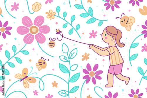 Girl chasing bee on string, floral garden background.  Possible use children's book illustration