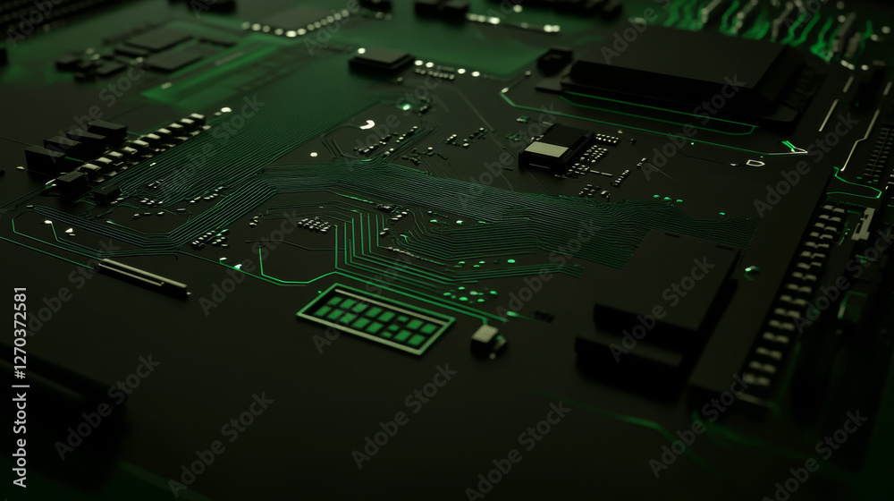 Fototapeta premium Close up of green circuit board with glowing lines