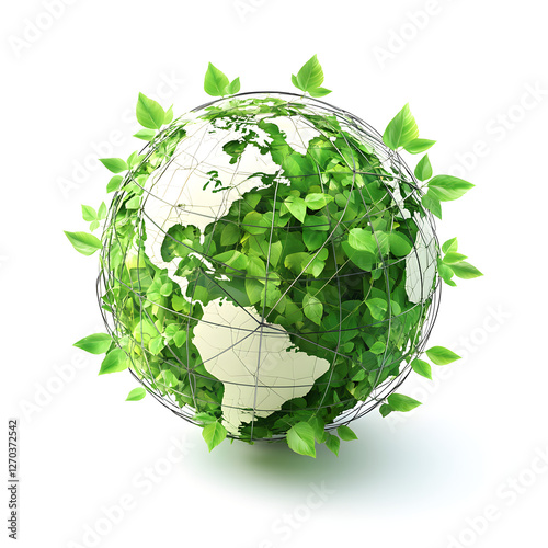 A green globe with a network of leaves connecting continents, emphasizing global environmental responsibility photo