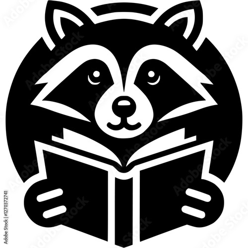 Tattoo of wise old raccoon reading a book in monochrome. Engraving minimalistic vector in black ink drawing on transparent background