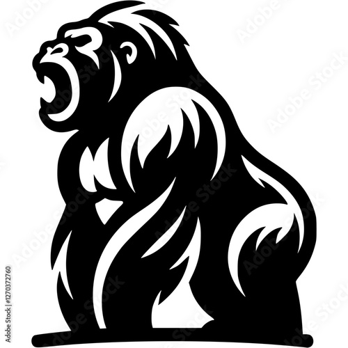 Tattoo of wild monkey in rage in monochrome. Mad gorilla. Engraving minimalistic vector in black ink drawing on transparent background