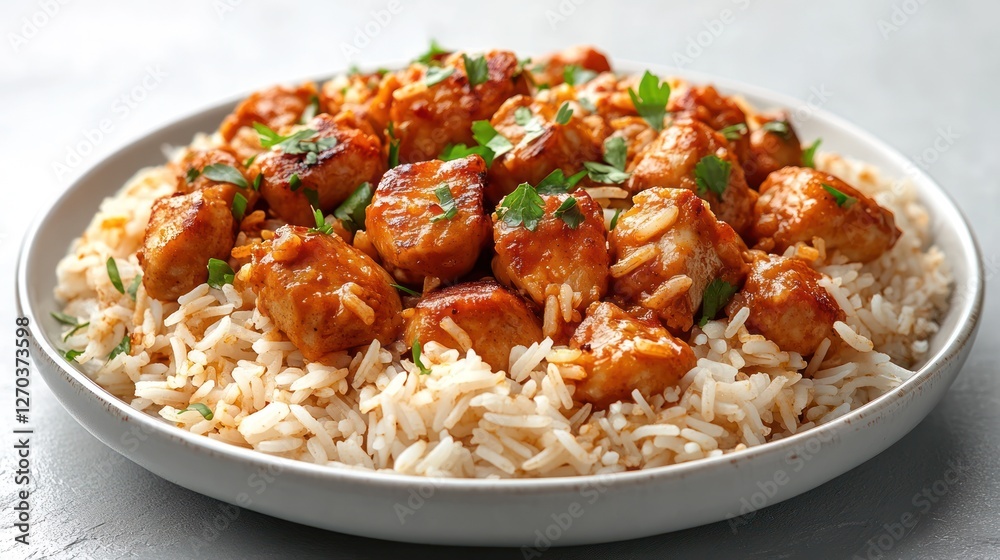 Sweet chicken rice dish, studio shot, food blog, recipe Sweet chicken rice dish, studio shot, food blog, recipe