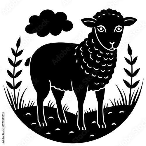 A sheep in a meadow silhouette vector illustration