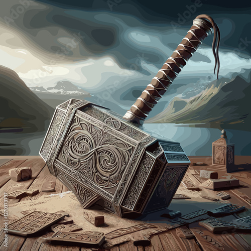 The image showcases an intricately engraved Norse war hammer, resembling Mjölnir, resting on a wooden surface with scattered runes, set against a dramatic mountainous landscape.