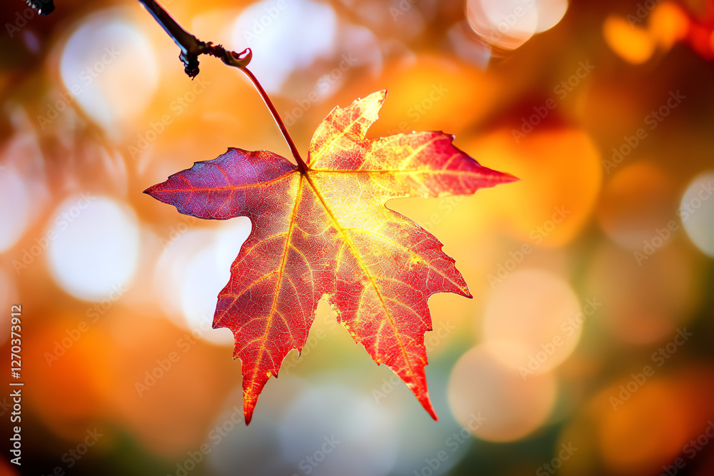 Fototapeta premium A vibrant red maple leaf glowing in autumn sunlight.