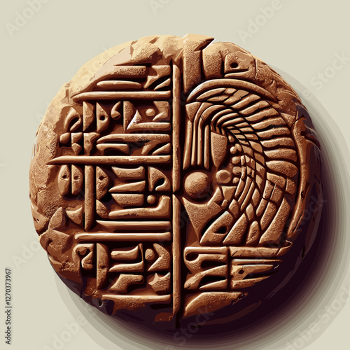 The image features an ancient clay seal or tablet with intricate cuneiform inscriptions and a stylized winged emblem, symbolizing early writing and Mesopotamian civilization.