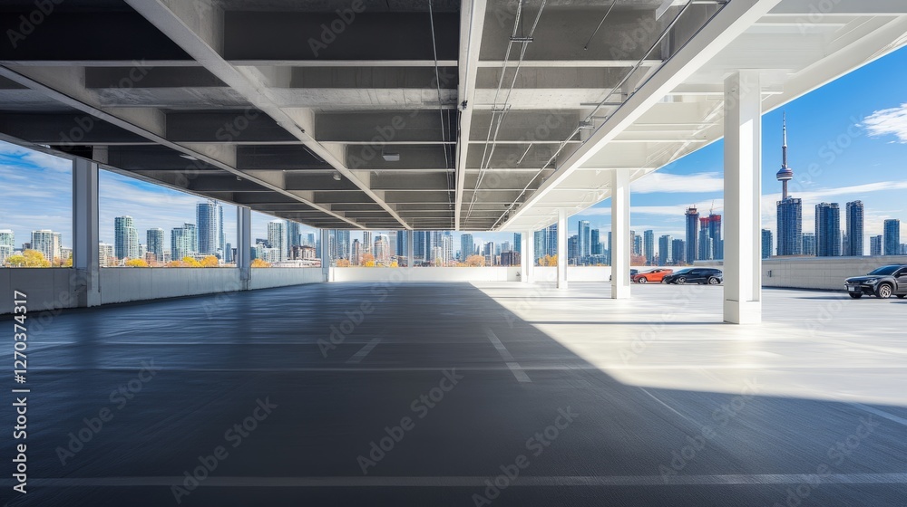 A spacious automotive plaza under a bright midday sky with a distant city skyline. Featuring clarity and openness A spacious automotive plaza under a bright midday sky with a distant city skyline. Featuring clarity and openness