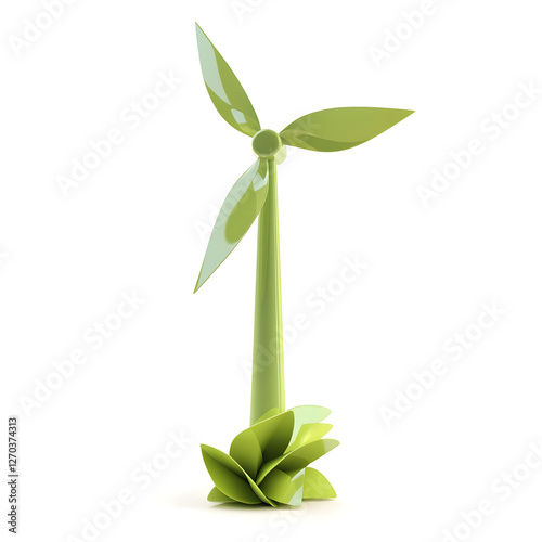 A green wind turbine with abstract blades, indicating renewable energy and eco-consciousness photo