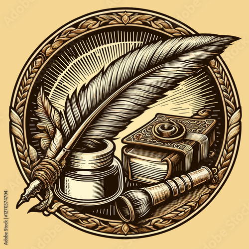 The image features an intricately designed emblem with a quill, inkwell, old books, and a scroll, symbolizing writing, knowledge, and literary heritage within a decorative circular frame.