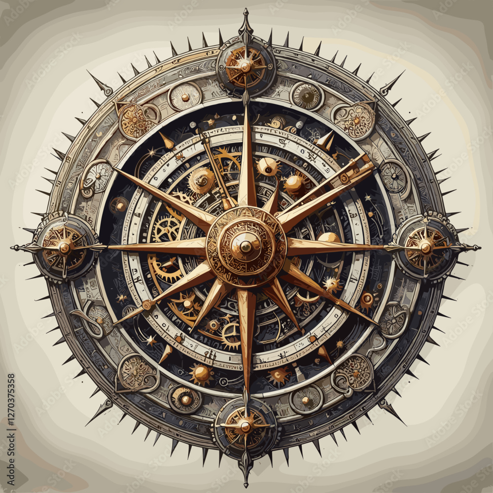 Fototapeta premium The image showcases an intricately designed steampunk-inspired compass with exposed gears, metallic engravings, and a spiked circular frame, symbolizing precision and exploration.