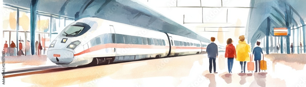 A vibrant illustration of passengers waiting at a modern train station, showcasing a sleek high-speed train and the excitement of travel. A vibrant illustration of passengers waiting at a modern train station, showcasing a sleek high-speed train and the excitement of travel.