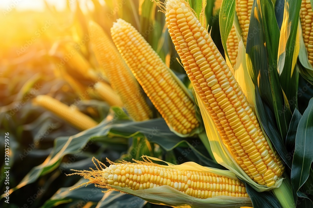 Golden cobs of corn basking in the warm glow of sunset, illuminating a lush plantation with long shadows. Generative AI Golden cobs of corn basking in the warm glow of sunset, illuminating a lush plantation with long shadows. Generative AI