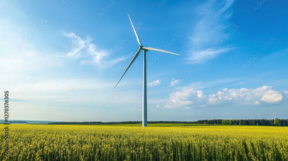Wind Turbine in a Blooming Rapeseed Field Under a Blue Sky Sustainable Energy Concept Wind Turbine in a Blooming Rapeseed Field Under a Blue Sky Sustainable Energy Concept