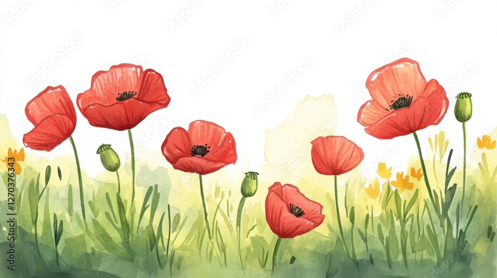Fototapeta premium A vibrant watercolor illustration of blooming red poppies amidst lush green grass, capturing the essence of springtime beauty and nature's artistry.