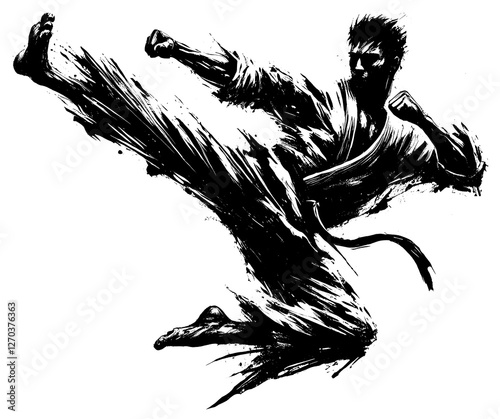 Karate illustration.  Black ink calligraphy art. Flying kick. Martial arts.