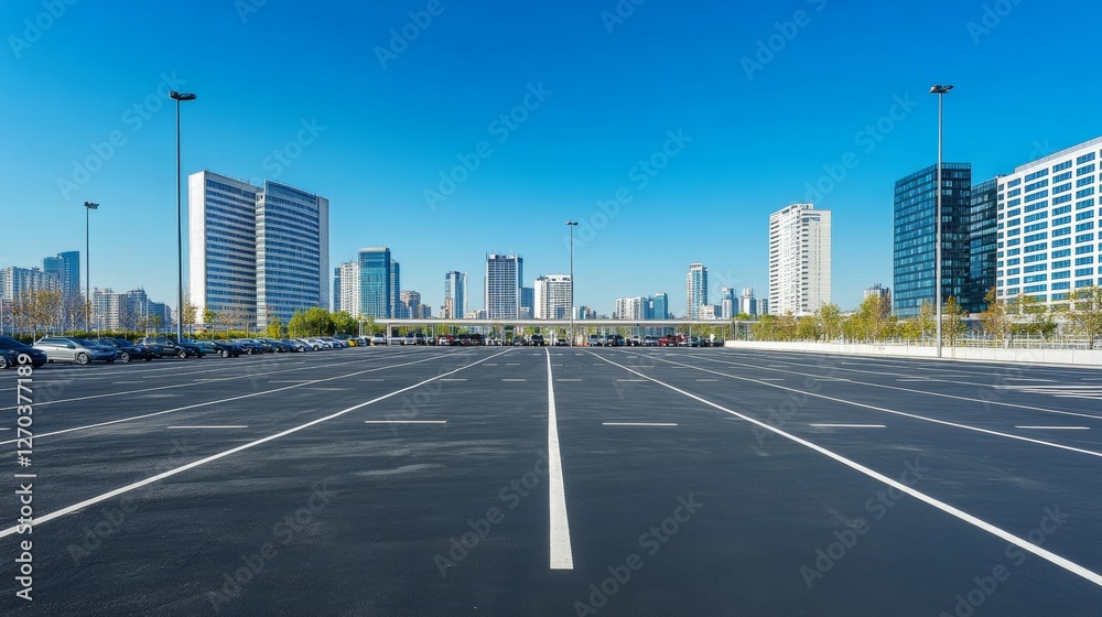 A spacious car plaza with a city skyline in the background and no vehicles. Featuring modernity and wide open space A spacious car plaza with a city skyline in the background and no vehicles. Featuring modernity and wide open space