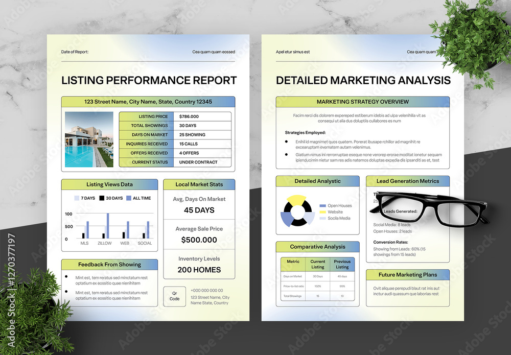Blue Report Example Green And Blue Performance Report Stock Template | Adobe Stock