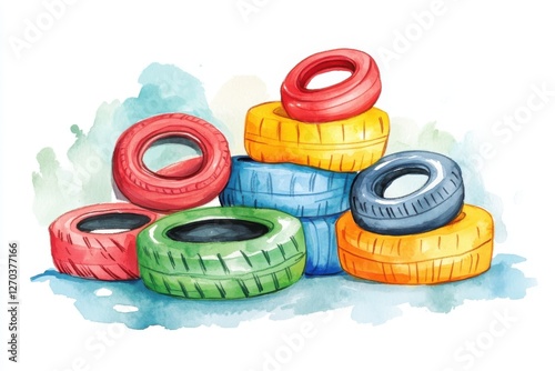 Colorful stacked tires create a playful and vibrant composition, suitable for design projects, children's themes, or eco-friendly initiatives.