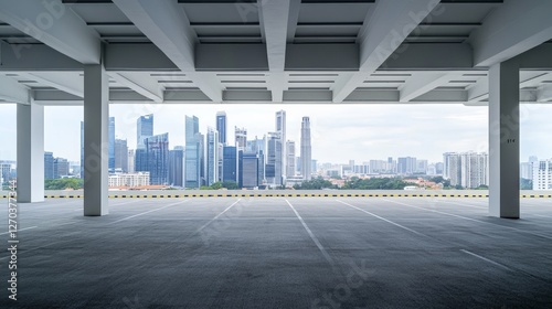 A spacious car plaza with a modern city skyline in the background. Featuring sleek design and openness
