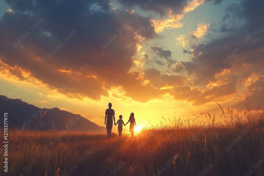 Fototapeta premium Silhouetted family walks hand-in-hand into a vibrant sunset over a field. Perfect for themes of family, unity, hope, and the beauty of nature.