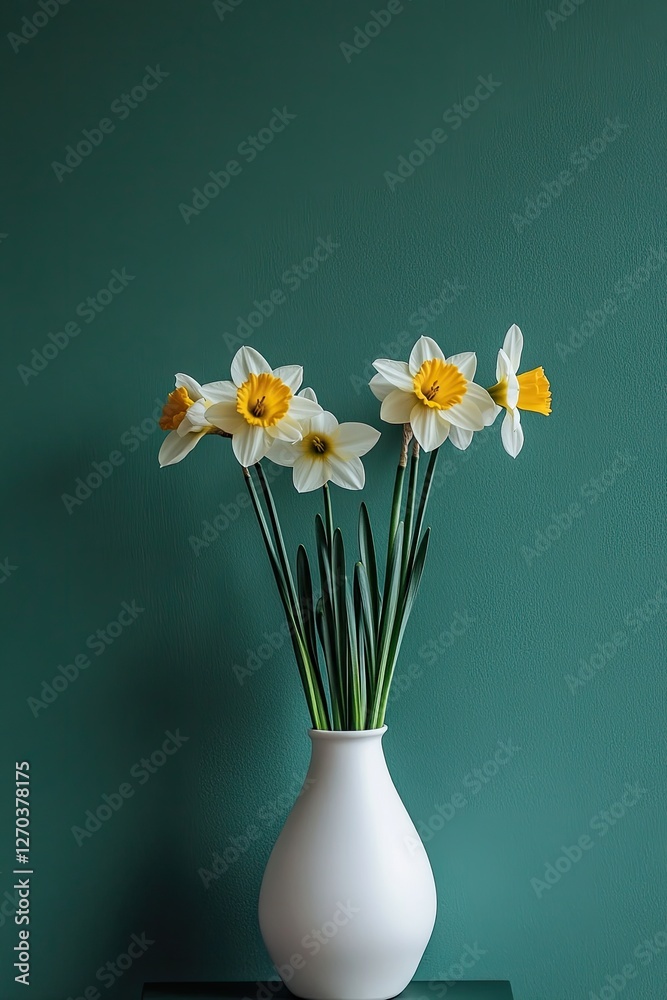 White vase with daffodils against teal wall White vase with daffodils against teal wall