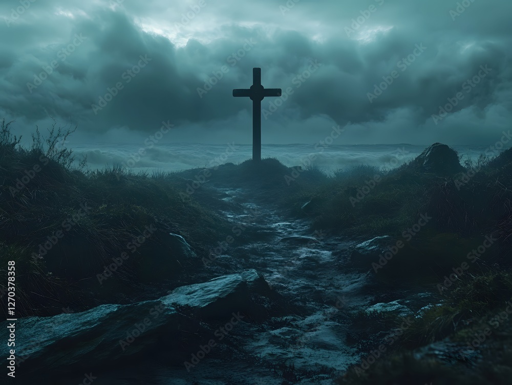 Naklejka premium Silhouette of Cross on Hilltop Under Moody Sky Symbol of Faith Hope and Spiritual Journey