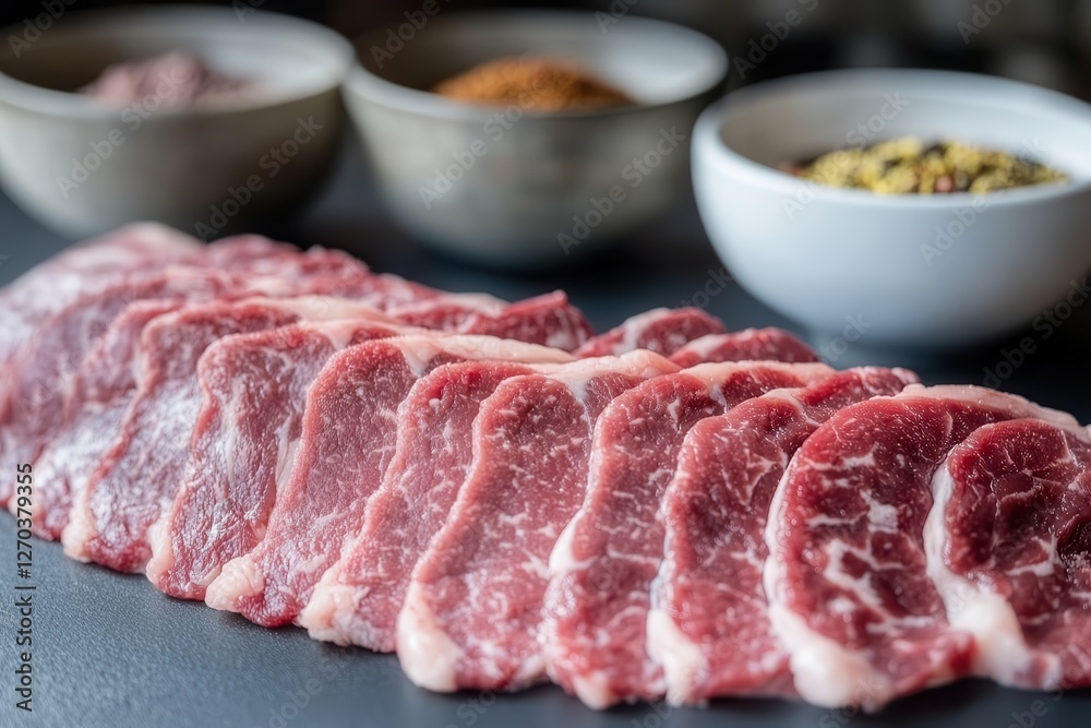 Fototapeta premium Modern display of exquisite raw beef cuts showcasing lean meat and marbled Wagyu steak with seasoning in the background. Generative AI