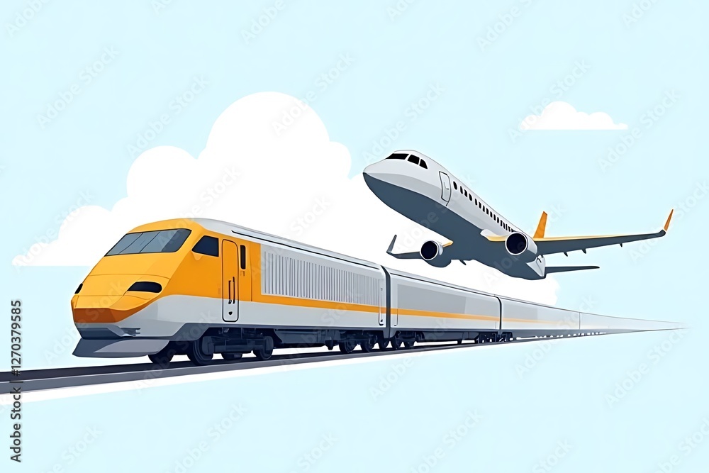 An illustration shows a train and plane against a sky background image An illustration shows a train and plane against a sky background image