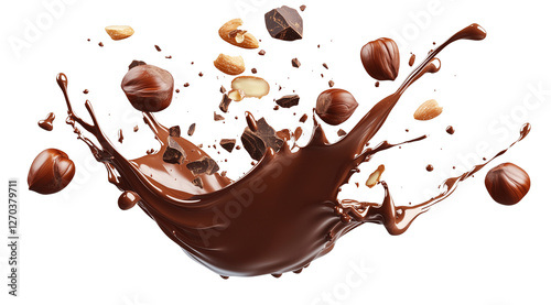 Falling splashes of milk chocolate and pieces of hazelnuts and almonds, isolated on white background, created with Generative AI technology, PNG