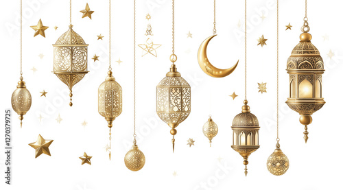 PNG, Ramadan, lanterns on chains with crescent moon and stars, isolated on white background, created with Generative AI technology photo