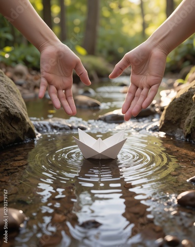 A pair of hands releases a small paper boat into a gently flowing stream