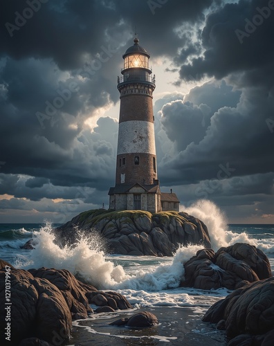 An old lighthouse stands tall amidst crashing waves and dark storm clouds