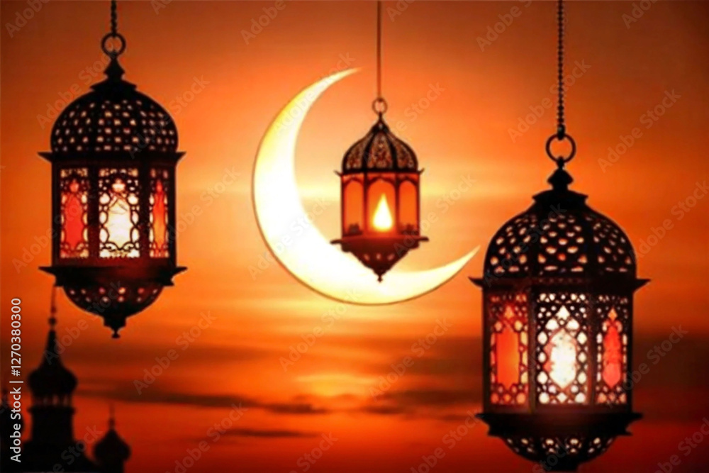 Fototapeta premium Ramadan lanterns, crescent moon, sunset, mosque silhouette, religious celebration, background, stock photo