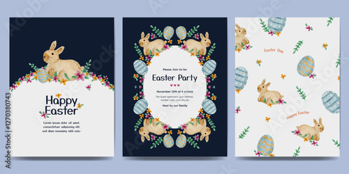 Easter day design with flower frame, easter element watercolor illustration. Easter egg hunt invitation.