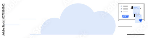Cloud with an interface showing billing and payment options, checklist, receipt, blue PAY button. Ideal for finance, cloud technology, online transactions, digital management, data security modern