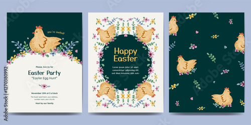 Easter day design with flower frame, easter element watercolor illustration. Easter egg hunt invitation.