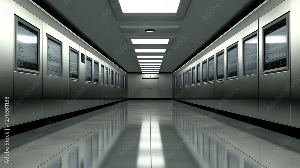 Fototapeta premium Exploring a futuristic data center corridor high-tech facility digital environment wide-angle viewpoint for innovation