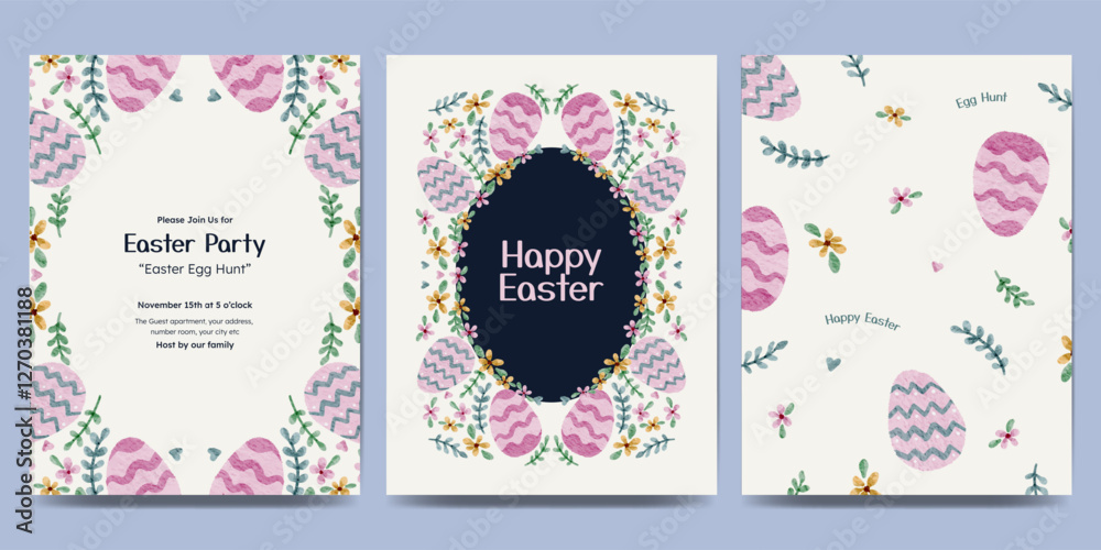 Easter day design with flower frame, easter element watercolor illustration. Easter egg hunt invitation. Easter day design with flower frame, easter element watercolor illustration. Easter egg hunt invitation.