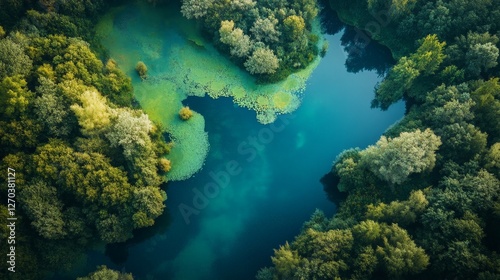 Aerial view of a secluded lagoon in the middle of a forest. Lush green foliage surrounds the vibrant blue water.