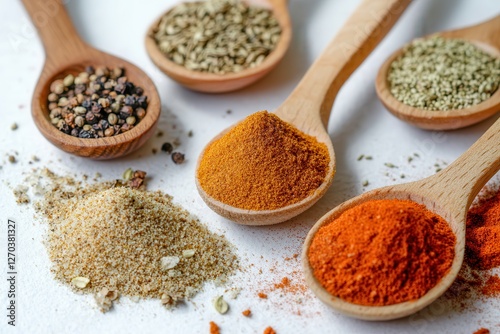 Colorful array of dried spices in wooden vessels showcasing natural flavors and culinary delights. Generative AI