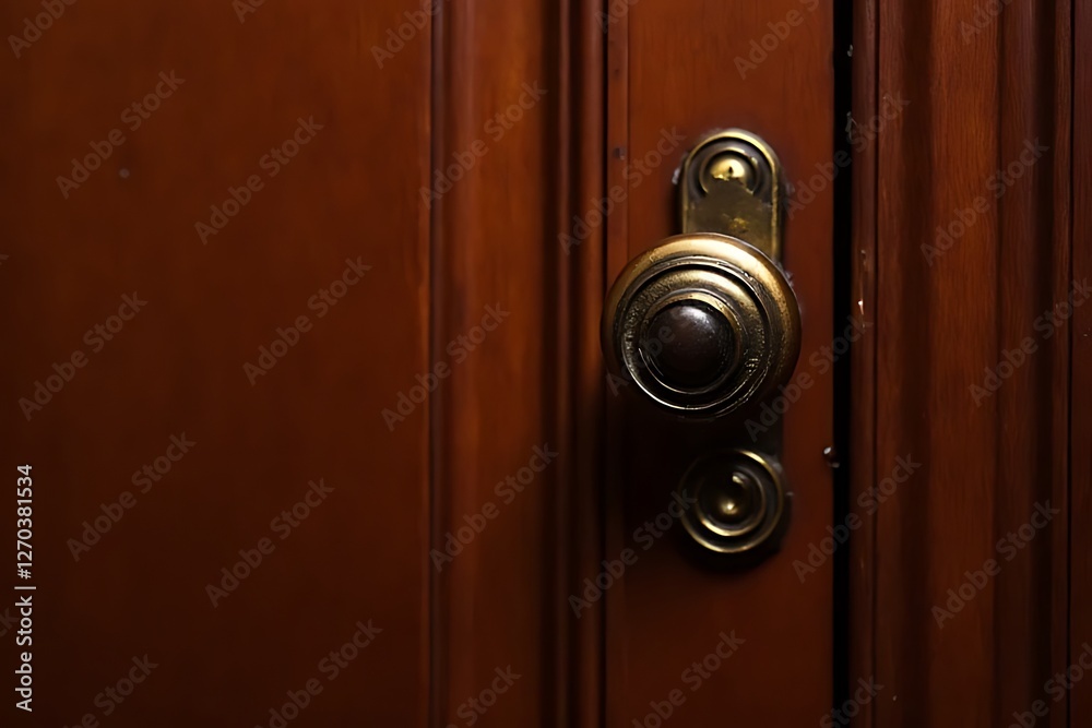 Obraz premium Close-up of a vintage brass doorknob on a dark wooden door
