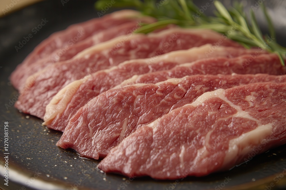 Delicate raw Wagyu beef slices elegantly presented on a dark plate with fresh herbs for culinary delight. Generative AI Delicate raw Wagyu beef slices elegantly presented on a dark plate with fresh herbs for culinary delight. Generative AI
