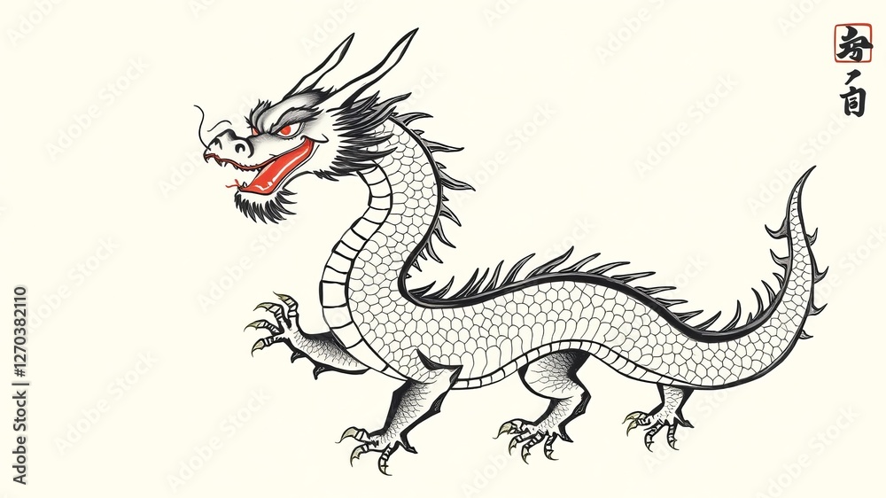 Fototapeta premium Intricate Chinese Dragon Tattoo Design Featuring Bold Lines and Fluid Motion Symbolizing Strength and Power